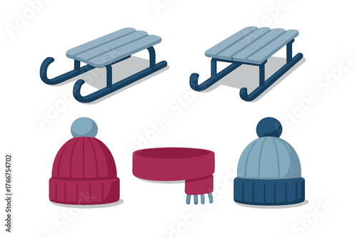 Cozy winter accessories set with two wooden sleds, knitted beanies, and a warm scarf