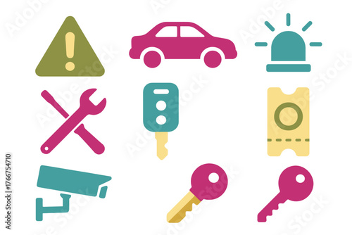 Flat design icons set for automotive service, vehicle security, maintenance, and roadside assistance