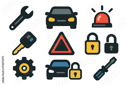 Automotive service and emergency symbols including car, wrench, key, lock, and warning triangle
