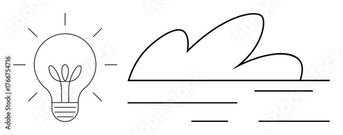 Light bulb with sprout and glowing lines next to abstract cloud with horizontal lines. Ideal for sustainability, creativity, eco-friendly ideas, innovation, technology, energy efficiency, nature