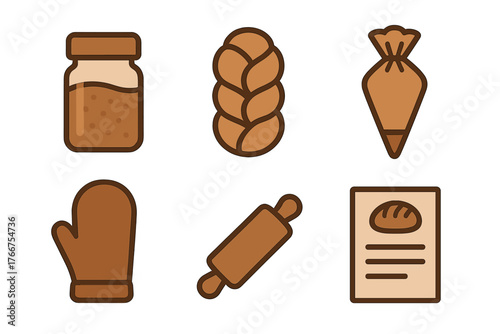 Set of six essential baking tools ingredients and finished goods icons for cooking and pastry preparation