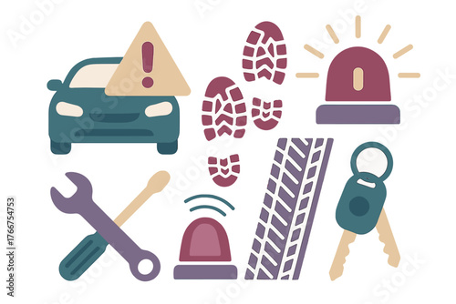 Symbols for car accident investigation, vehicle repair, and emergency services