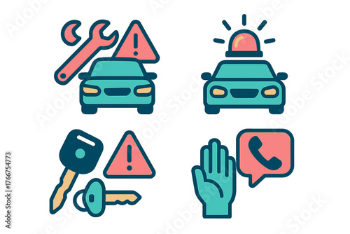 Colorful icons for vehicle breakdown, emergency roadside assistance, car repair, and key issues