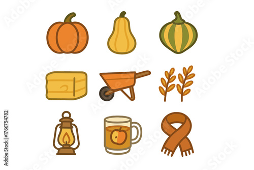 Simple outlined autumn harvest set with pumpkins, squash, hay bale, wheelbarrow, and cozy scarf