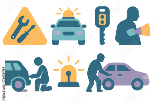 Roadside assistance, car security, emergency vehicles, repair tools, and vehicle breakdown symbols