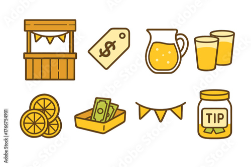 Lemonade stand business elements including drinks, cash, tip jar, and booth structure