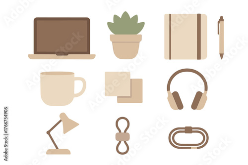 Minimalist collection of essential office supplies and desk accessories in neutral earth tones