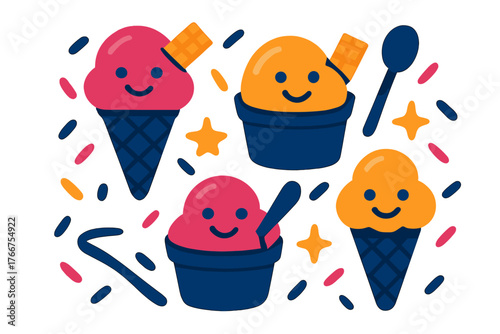 Cheerful ice cream scoops in waffle cones and dessert cups with spoons and decorative sprinkles