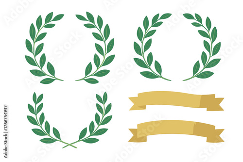 Collection of green laurel wreaths and golden ribbon banners for awards and achievement