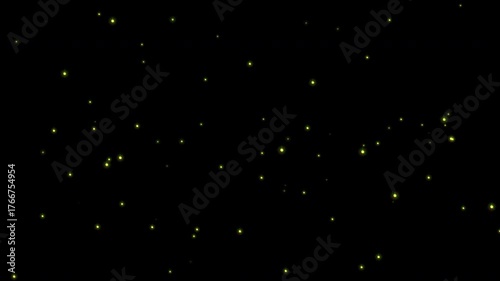 Flying glowing fireflies animation in green and yellow tones with soft light particles, transparent background with alpha channel, seamless loop for nature, magic, and night scenes