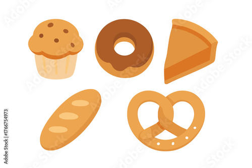 Collection of popular bakery products including sweet treats, bread, and pretzels