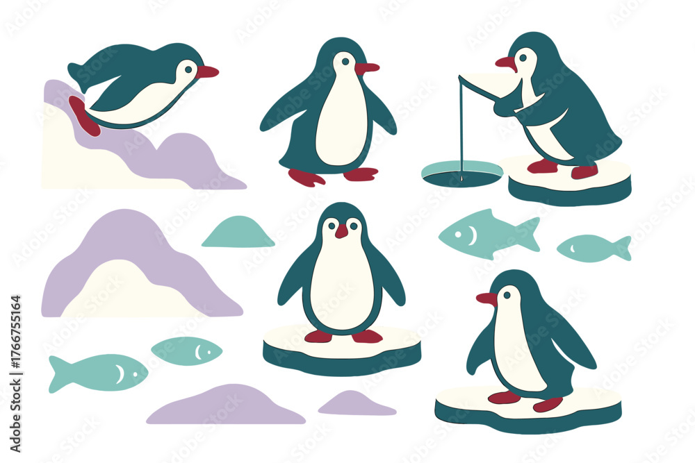 Obraz premium Cute cartoon penguins standing, sliding, and fishing on ice floes with fish and snow mounds