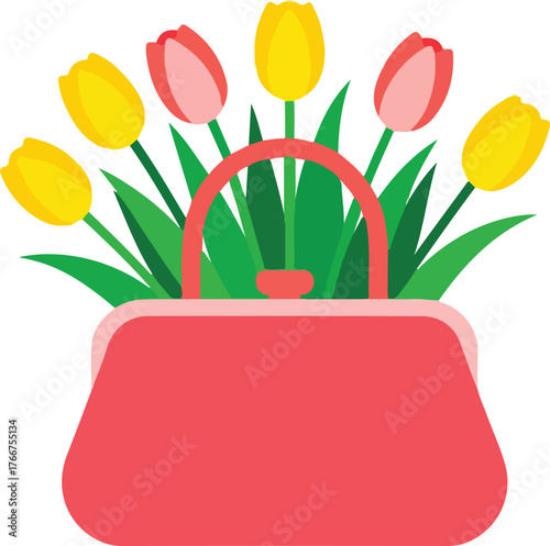 Purse Bag Filled with Tulip Flowers Flat Vector Illustration Decorative Floral Design Concept for Spring and Fashion Themes