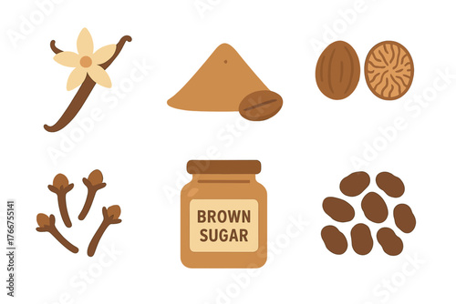 Baking and dessert ingredients set with vanilla, nutmeg, cloves, brown sugar, and coffee beans