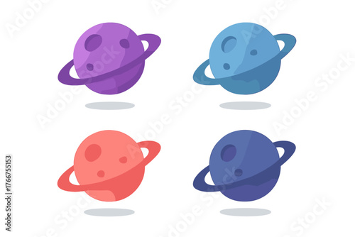 Four colorful stylized planets with rings isolated on a white background