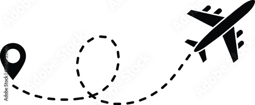 Black Vector Icon Airplane Flying with Dotted Route Line and Location Pin Symbolizing Travel, Flight Path, and Destination