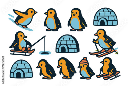 Adorable cartoon penguins skiing, sledding, and ice fishing near igloos in winter