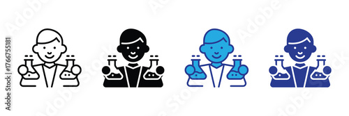 Scientist character holding test tubes with liquid, presented in four different icon styles on a white background