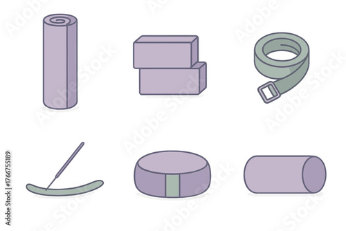 Collection of essential yoga and meditation accessories including mat blocks strap cushions and incense
