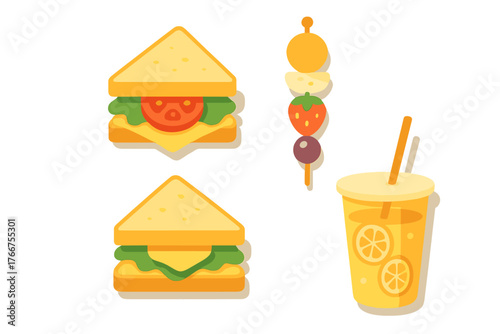 Summer picnic snacks assortment with sandwiches, fruit skewer, and refreshing lemonade