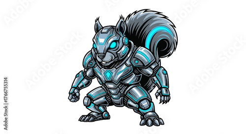 Futuristic robot squirrel character with neon accents, a fun mascot design for gaming or tech, ready to add a dynamic edge to your brand.
