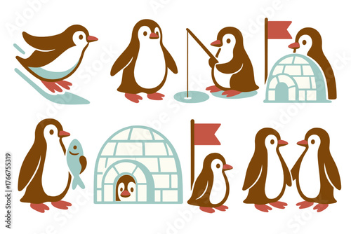 Cute cartoon penguins set of characters performing various winter activities near igloos and fishing