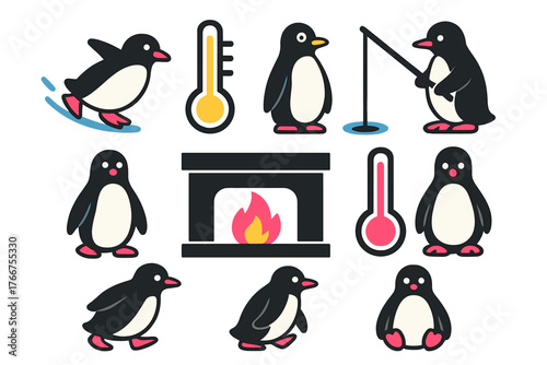 Cute cartoon penguin characters sliding and fishing with weather icons, thermometers, and fireplace symbols