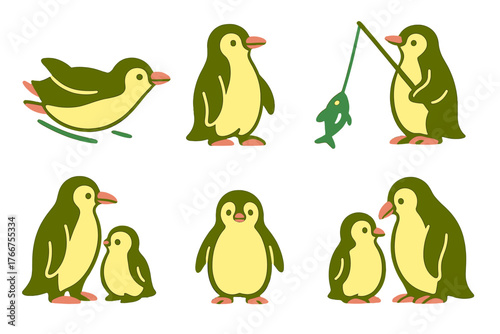 Set of adorable cartoon penguins sliding, fishing, and standing with chicks