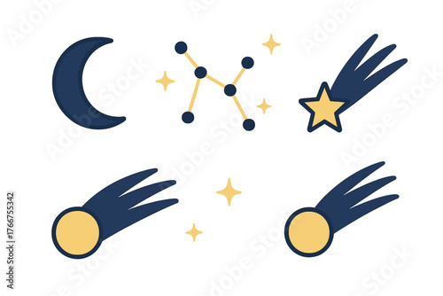 Stylized celestial objects set featuring crescent moon, star constellation, and shooting stars