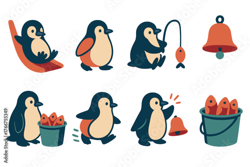 Collection of adorable cartoon penguins engaged in various activities like fishing and running
