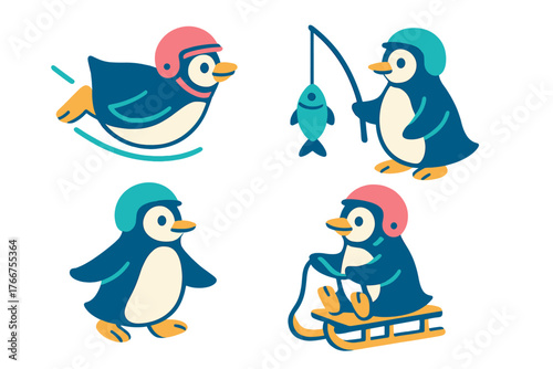 Cute cartoon penguins wearing helmets engaged in winter sports sledding and ice fishing
