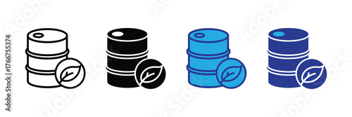 Set of four icons representing oil barrels with a green leaf symbol, indicating ecofriendly or biofuel options, isolated on white background