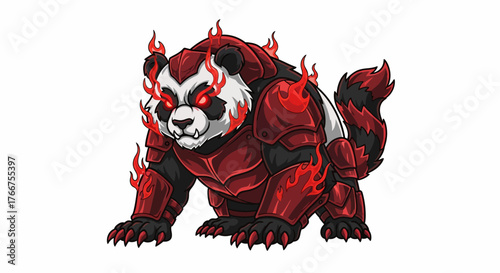 Ferocious armored panda warrior with fiery aura, ready for battle, perfect for gaming logos, fantasy art, or fierce mascot designs