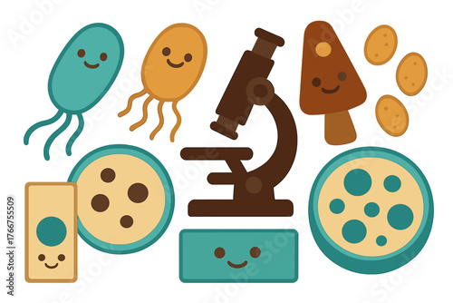 Set of cute microbiology icons featuring bacteria, fungus, and laboratory tools