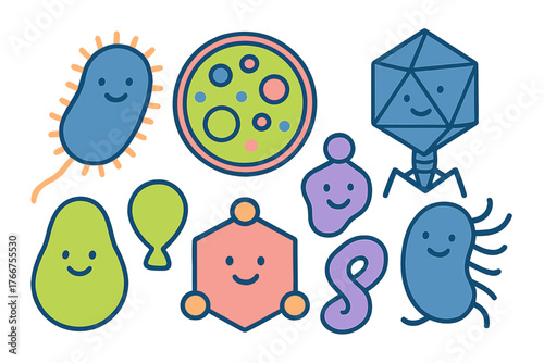 Collection of happy microscopic germs and pathogens with cheerful expressions