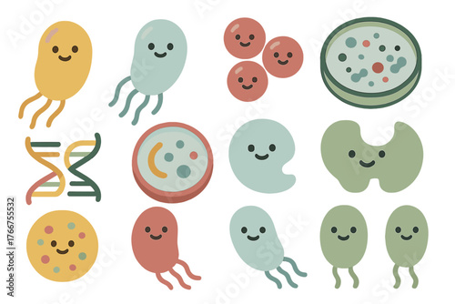 Charming set of microbiology icons featuring microbes and DNA helix structure