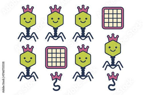 Cheerful bacteriophage icons with crowns and laboratory petri dish set
