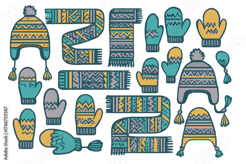 Assortment of knitted winter hats mittens and patterned scarves