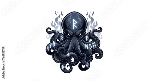 Mystic octopus with glowing runes for Viking inspired designs or nautical themed artwork that evokes sea mythology and powerful ancient symbolism
