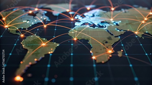 Global network connections illustrated on a map, highlighting interconnectedness and communication across countries.