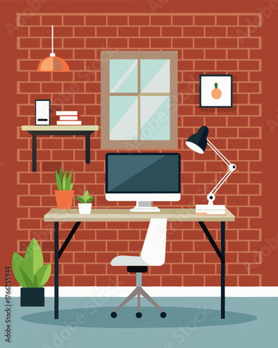 A studio space with exposed brick walls and a sleek white desk for a freelancer to work at.. Vector illustration
