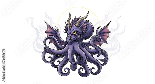 Mystical dragon octopus creature with horns and wings, a unique fantasy animal for games, book covers, or captivating character designs in your next project