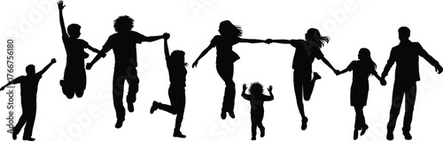 Silhouette people group jumping, children adults family unity, happy crowd celebration, community togetherness, teamwork success, lifestyle freedom, friendship bonding