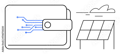 Wallet with circuit lines symbolizing digital transactions next to solar panels and clouds. Ideal for sustainability, clean energy, fintech, green finance, innovation, environment, technology. Simple