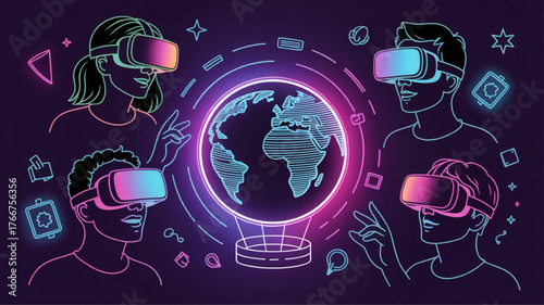 People wearing VR headsets interacting with a holographic globe futuristic technology concept for virtual reality and metaverse vector illustration