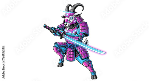Intense cyber samurai goat warrior ready for battle with glowing katana sword in a futuristic world, perfect for gaming, animation, and branding projects