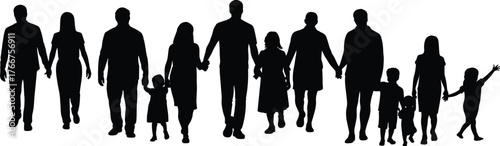 Family unity silhouette, parents and children holding hands, diverse generations together, community support, teamwork, love, bonding, childhood, parenting, group harmony