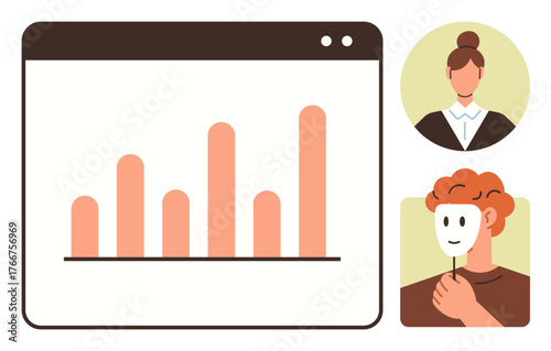 Bar chart interface, businesswoman portrait, and person holding mask explore themes of identity, data analysis, privacy, corporate transparency, human interaction, personal truth, simple flat