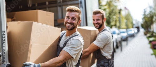 The movers carrying large cardboard boxes down a sunny urban sidewalk, smiling