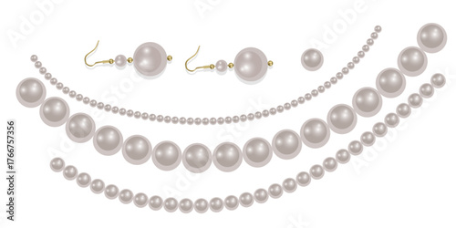 Pearl necklace isolated on white background, Beautiful vector image of strands of pearls Vector format
